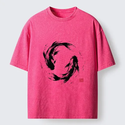 Tokyo-Tiger Ink Koi Fish Circle Washed T-Shirt