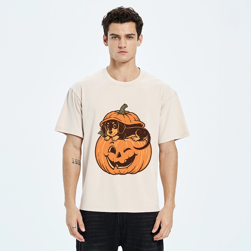 Tokyo‑Tiger Retro Pumpkin Dog Washed T‑Shirt