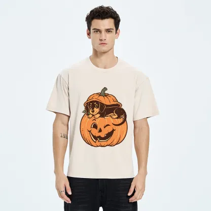 Tokyo‑Tiger Retro Pumpkin Dog Washed T‑Shirt