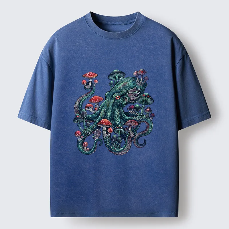 Tokyo-Tiger Octopus Covered In Mushrooms Washed T-Shirt