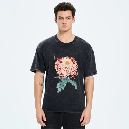 Tokyo-Tiger Vintage Chrysanthemum Art Washed T-Shirt