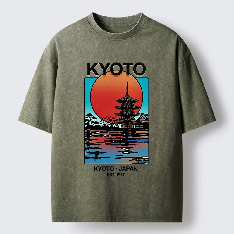 Tokyo-Tiger Japanese Temple Sunset Art Washed T-Shirt