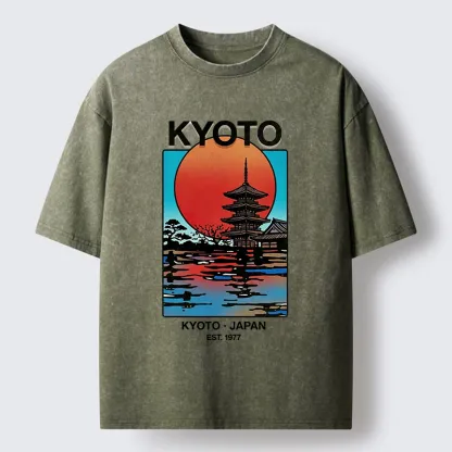 Tokyo-Tiger Japanese Temple Sunset Art Washed T-Shirt