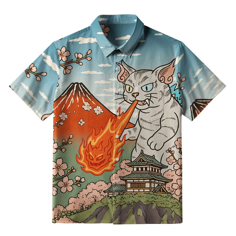 Tokyo-Tiger Fire-Breathing Cat Beside Mount Fuji Button-up Shirt