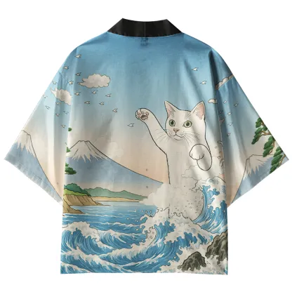 Tokyo-Tiger The Great Wave Off Giant Cat Kimono Cardigan