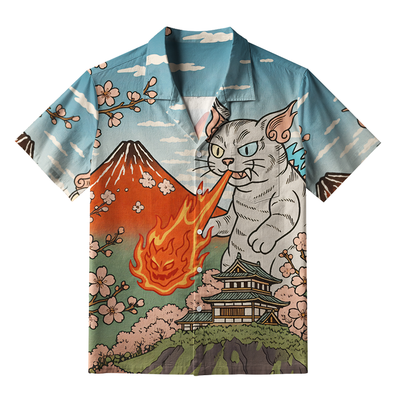 Tokyo-Tiger Fire-Breathing Cat Beside Mount Fuji Aloha Hawaiian Shirt