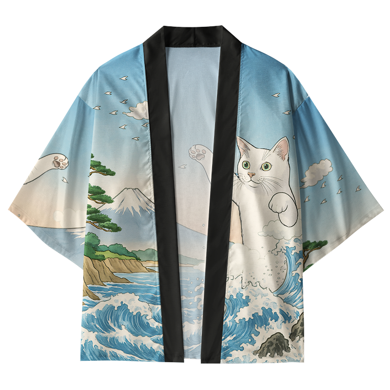 Tokyo-Tiger The Great Wave Off Giant Cat Kimono Cardigan