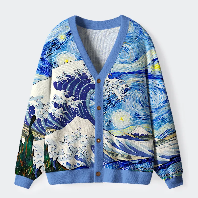 Tokyo-Tiger Waves Under The Starry Night Ugly Cardigan Sweater