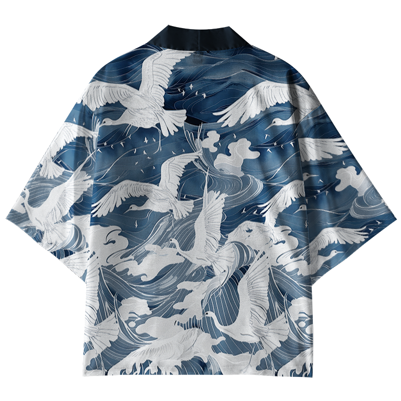 Tokyo-Tiger Graceful Cranes On Waves Kimono Cardigan