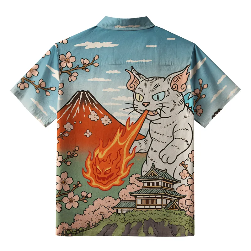 Tokyo-Tiger Fire-Breathing Cat Beside Mount Fuji Button-up Shirt