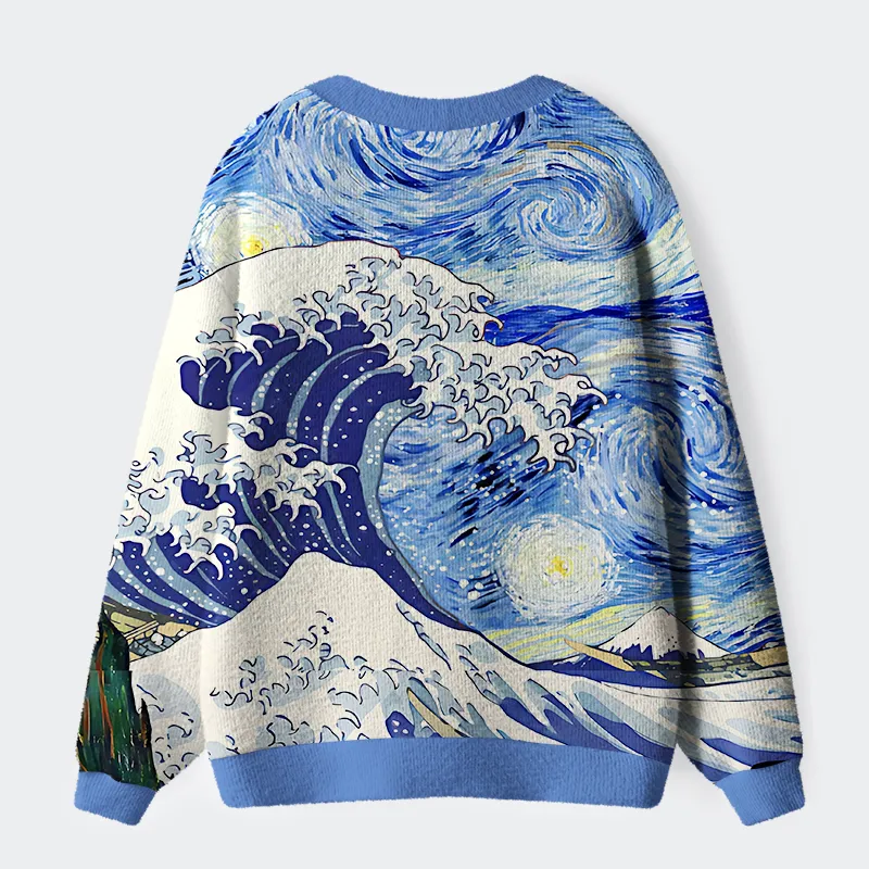 Tokyo-Tiger Waves Under The Starry Night Ugly Cardigan Sweater