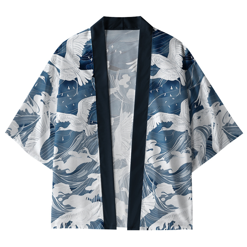 Tokyo-Tiger Graceful Cranes On Waves Kimono Cardigan