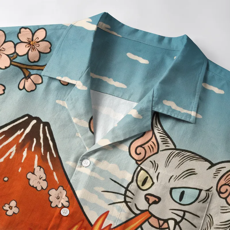 Tokyo-Tiger Fire-Breathing Cat Beside Mount Fuji Aloha Hawaiian Shirt
