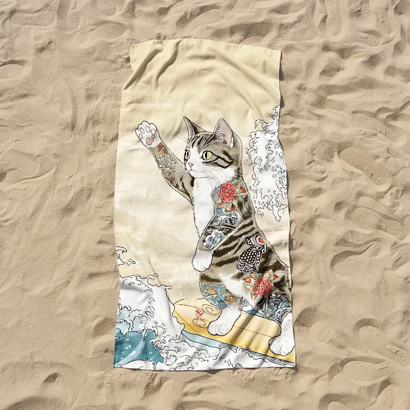 Tokyo-Tiger Cat Surfing Beach Towel Sale