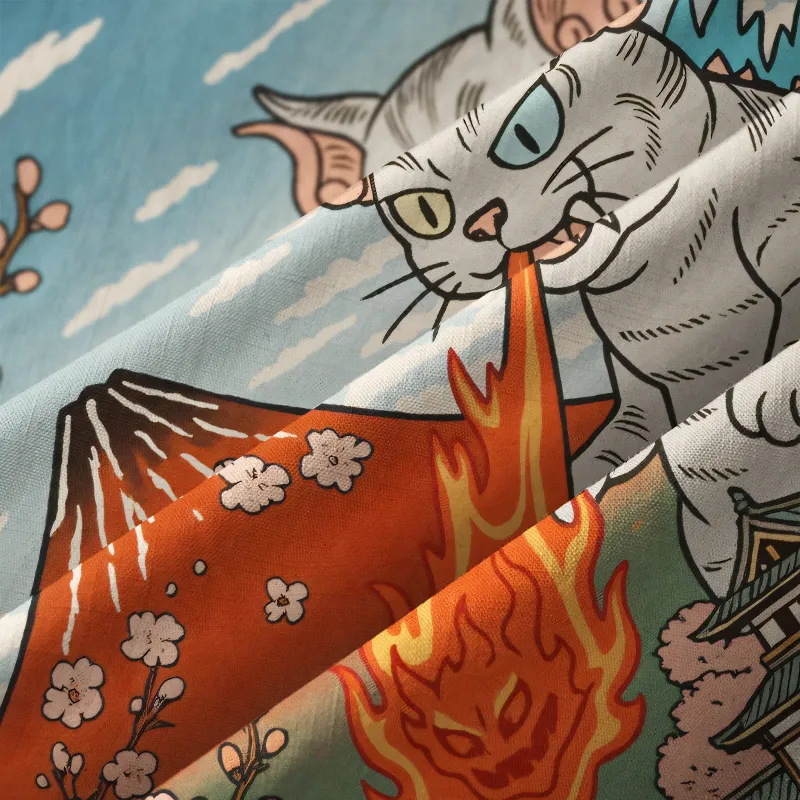Tokyo-Tiger Fire-Breathing Cat Beside Mount Fuji Button-up Shirt
