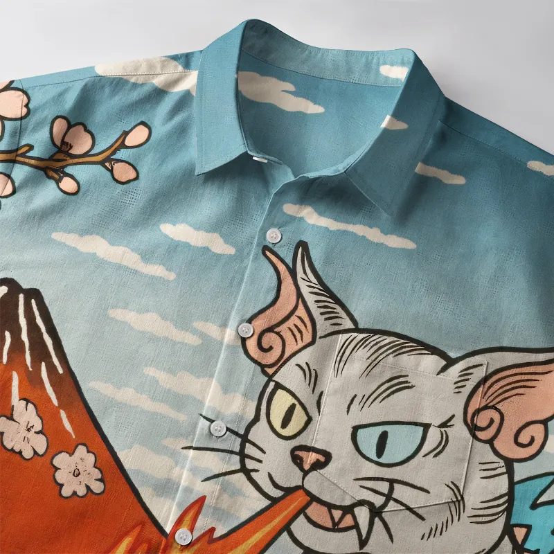 Tokyo-Tiger Fire-Breathing Cat Beside Mount Fuji Button-up Shirt