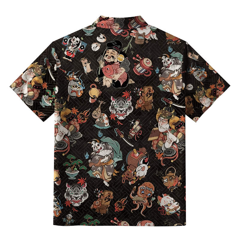 Tokyo-Tiger Classic Japanese Elements Black Aloha Hawaiian Shirt