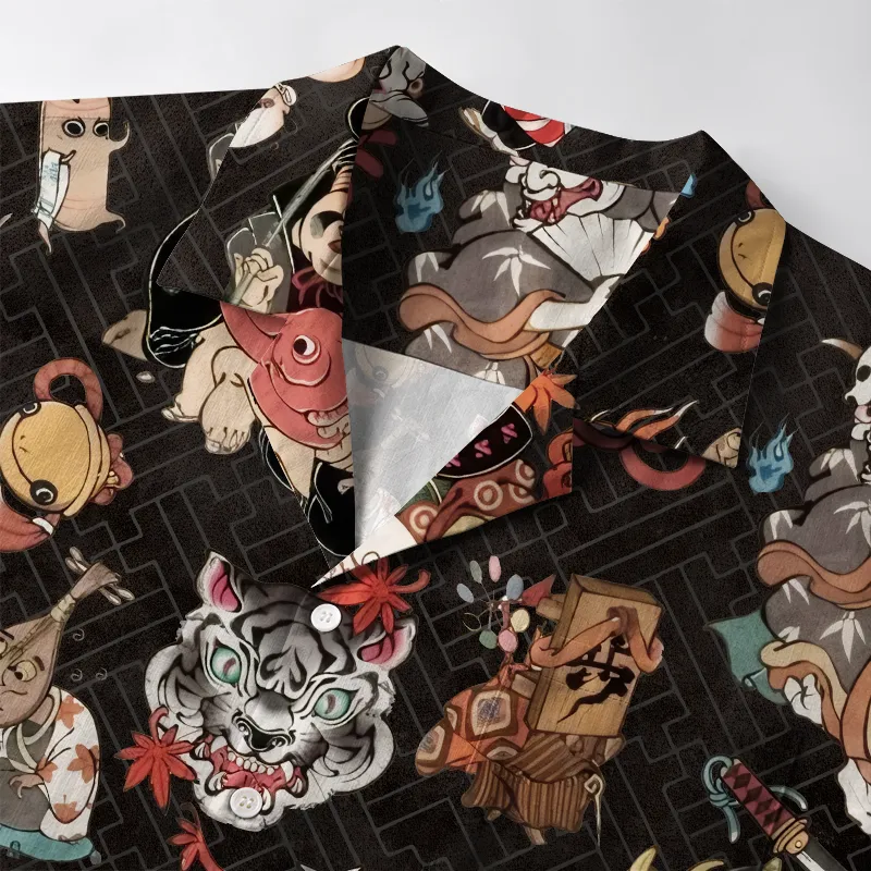 Tokyo-Tiger Classic Japanese Elements Black Aloha Hawaiian Shirt