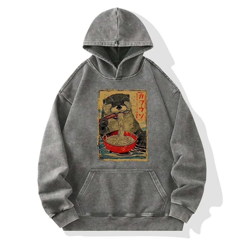 Tokyo-Tiger Otter Eating Ramen Japan Washed Hoodie