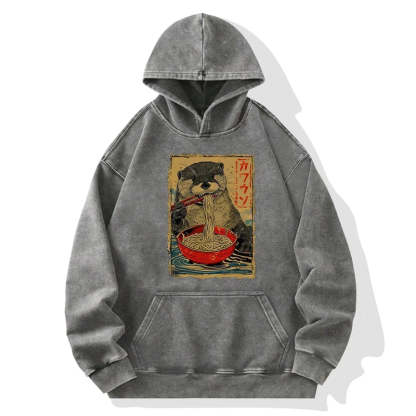 Tokyo-Tiger Otter Eating Ramen Japan Washed Hoodie