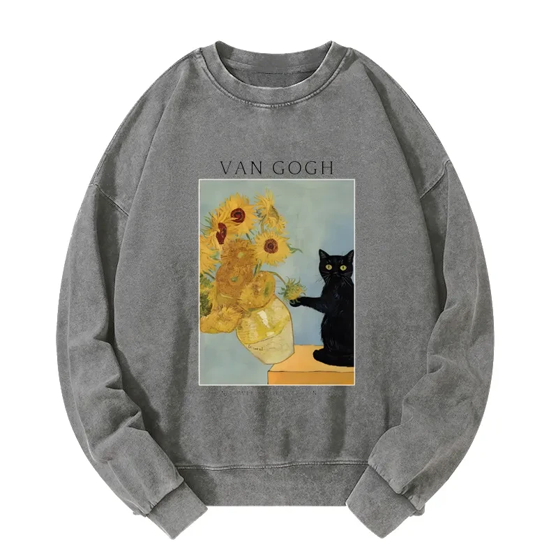 Tokyo-Tiger Black Cat With Sunflowers Washed Sweatshirt
