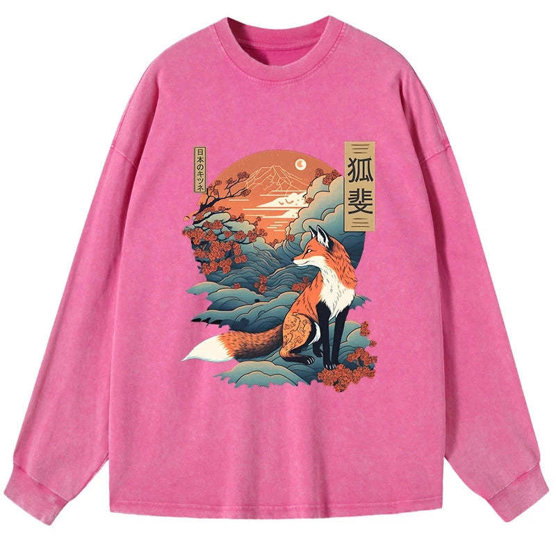 Tokyo-Tiger Japanese Kitsune Fox Sakura Washed Long Sleeve T-Shirt