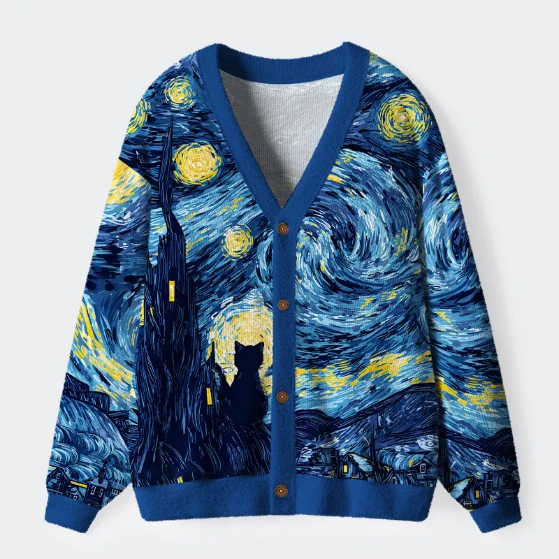 Tokyo-Tiger Cat Under The Stars Ugly Cardigan Sweater