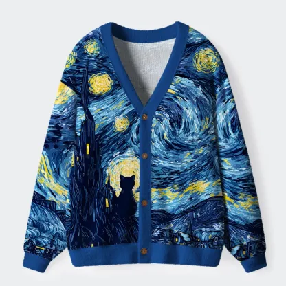 Tokyo-Tiger Cat Under The Stars Ugly Cardigan Sweater