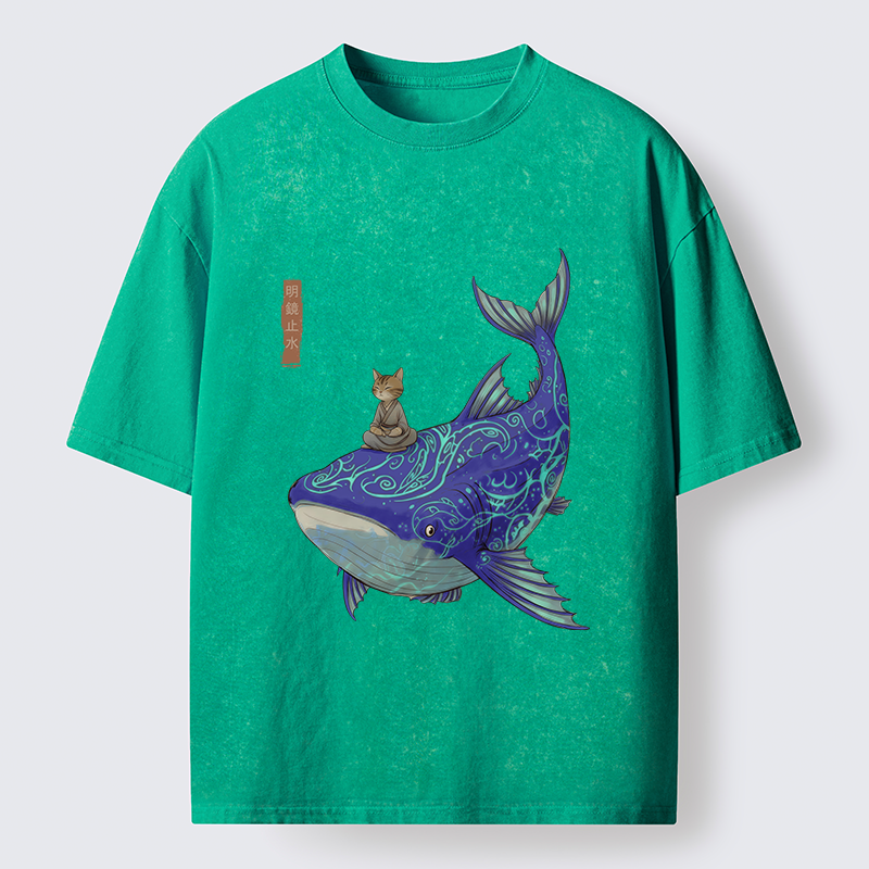 Tokyo-Tiger Cat Riding A Whale Washed T-Shirt