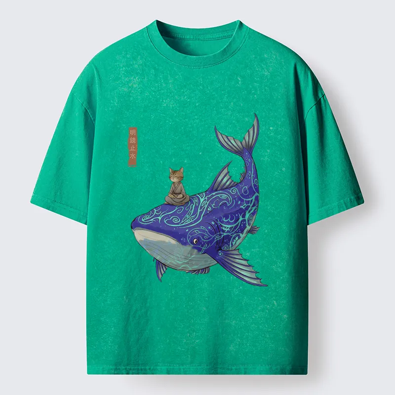 Tokyo-Tiger Cat Riding A Whale Washed T-Shirt