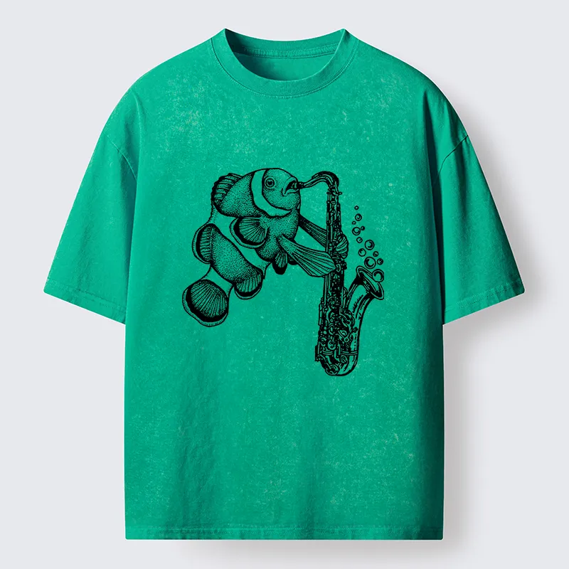 Tokyo-Tiger Clownfish Playing The Saxophone Washed T-Shirt