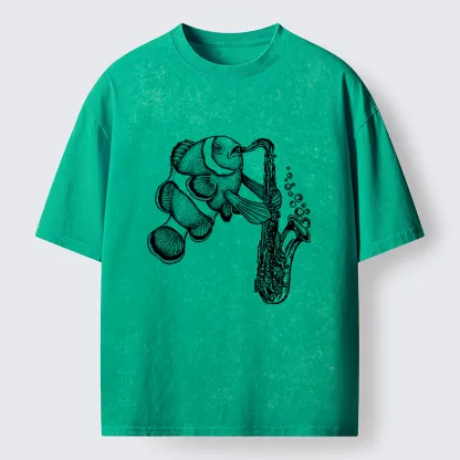 Tokyo-Tiger Clownfish Playing The Saxophone Washed T-Shirt