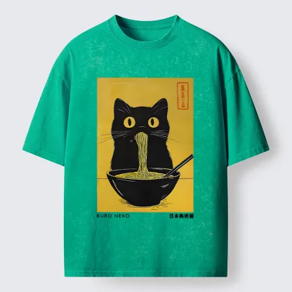 Tokyo-Tiger Black Cat Eats Ramen In Big Bites Washed T-Shirt