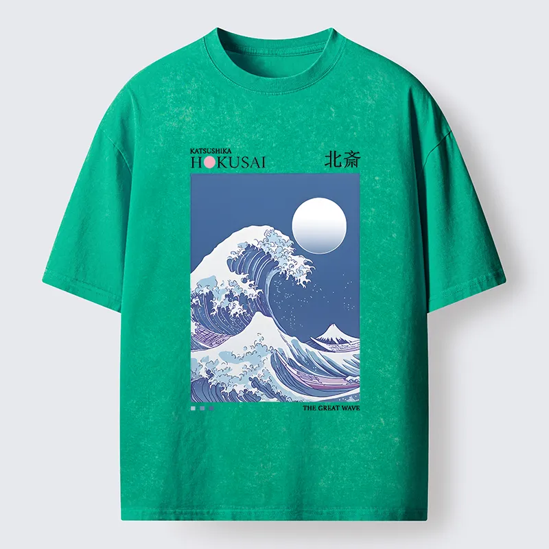 Tokyo-Tiger Blue Ukiyo-e Waves Washed T-Shirt