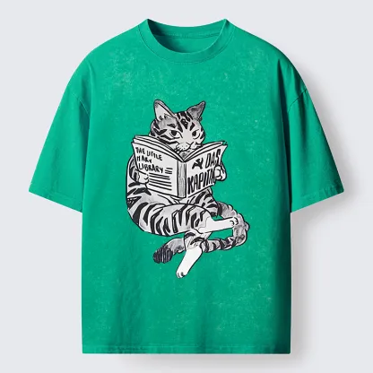 Tokyo-Tiger Cat Reading Books Washed T-Shirt