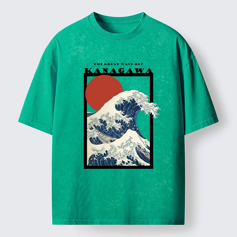 Tokyo-Tiger Minimalist Ukiyo-e Waves Washed T-Shirt