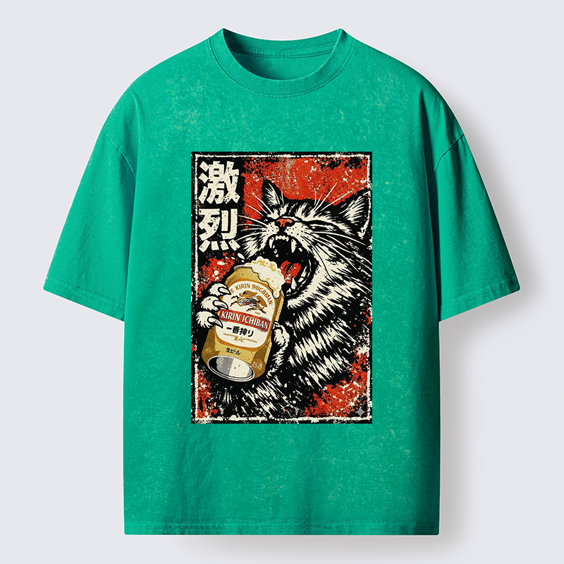 Tokyo-Tiger Cat Drinking Beer Washed T-Shirt