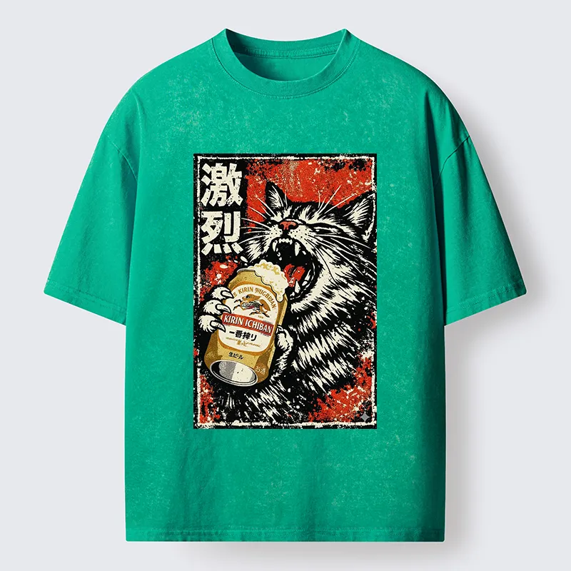 Tokyo-Tiger Cat Drinking Beer Washed T-Shirt