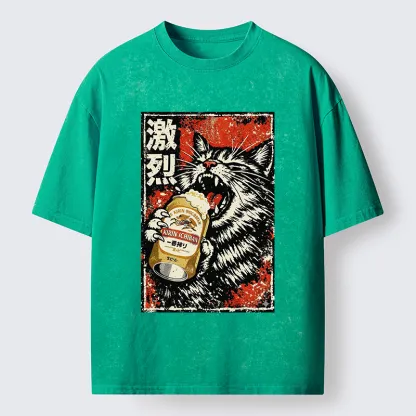 Tokyo-Tiger Cat Drinking Beer Washed T-Shirt