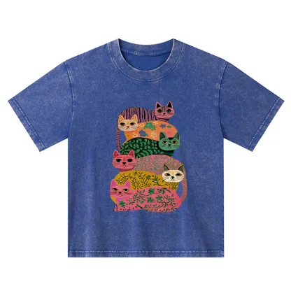Tokyo-Tiger Colorful Cats Kids Washed T-Shirt