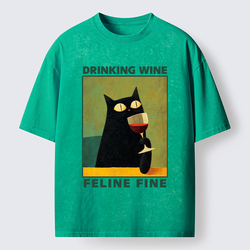 Tokyo-Tiger Drinking Wine Feline Wine Washed T-Shirt