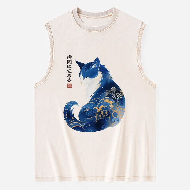 Tokyo-Tiger Retro Zen Cat: Living the Present Washed Tank Sale