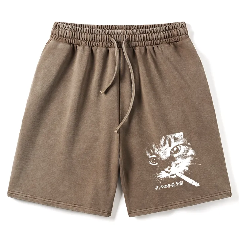 Tokyo-Tiger Retro Cat Smoking Washed Shorts