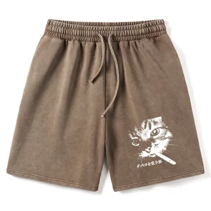 Tokyo-Tiger Retro Cat Smoking Washed Shorts