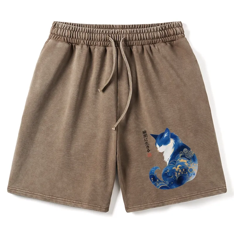 Tokyo-Tiger Retro Zen Cat: Living the Present Washed Shorts