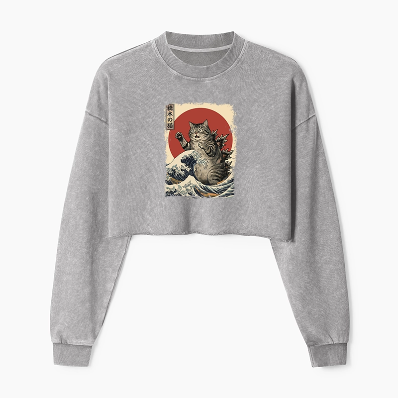 Tokyo-Tiger Catzilla Is Causing Destruction Washed Crop Sweatshirt