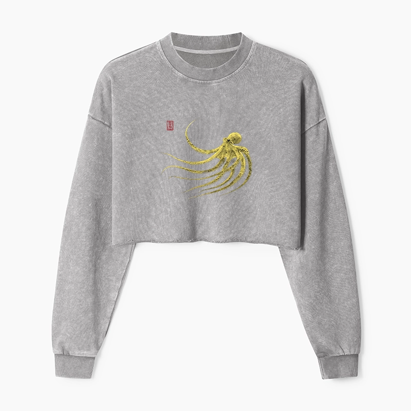 Tokyo-Tiger Retro Octopus Japanese Washed Crop Sweatshirt