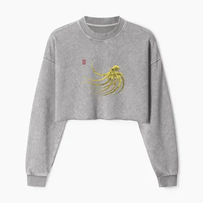 Tokyo-Tiger Retro Octopus Japanese Washed Crop Sweatshirt