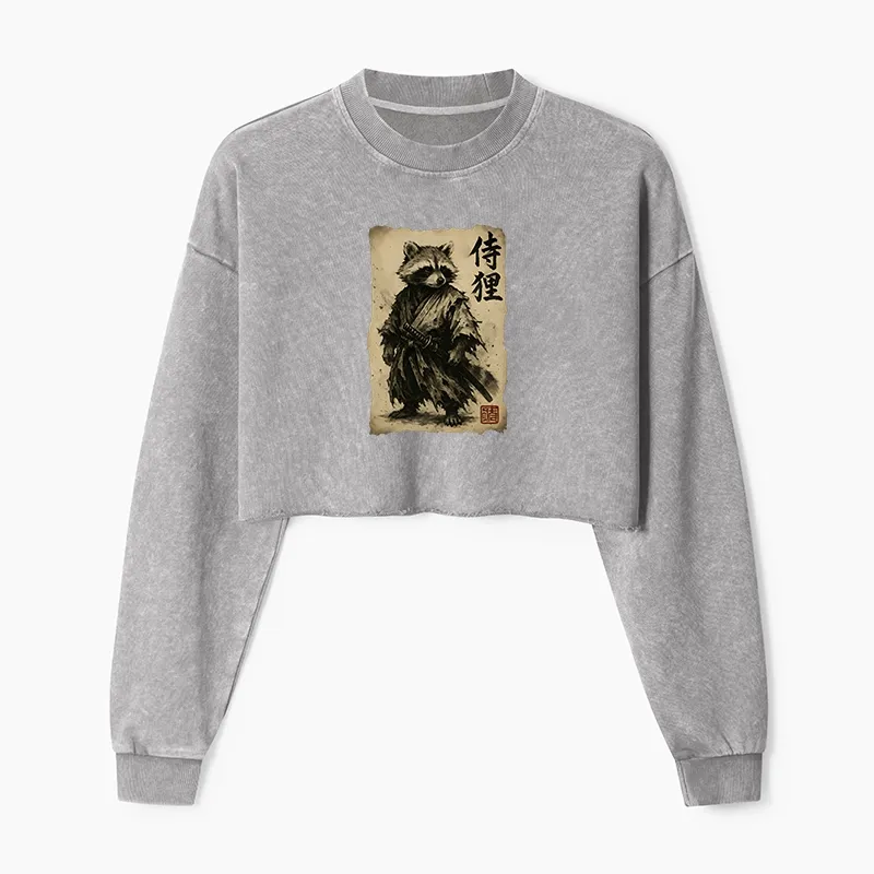Tokyo-Tiger Retro Raccoon Samurai  Washed Crop Sweatshirt