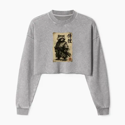 Tokyo-Tiger Retro Raccoon Samurai  Washed Crop Sweatshirt